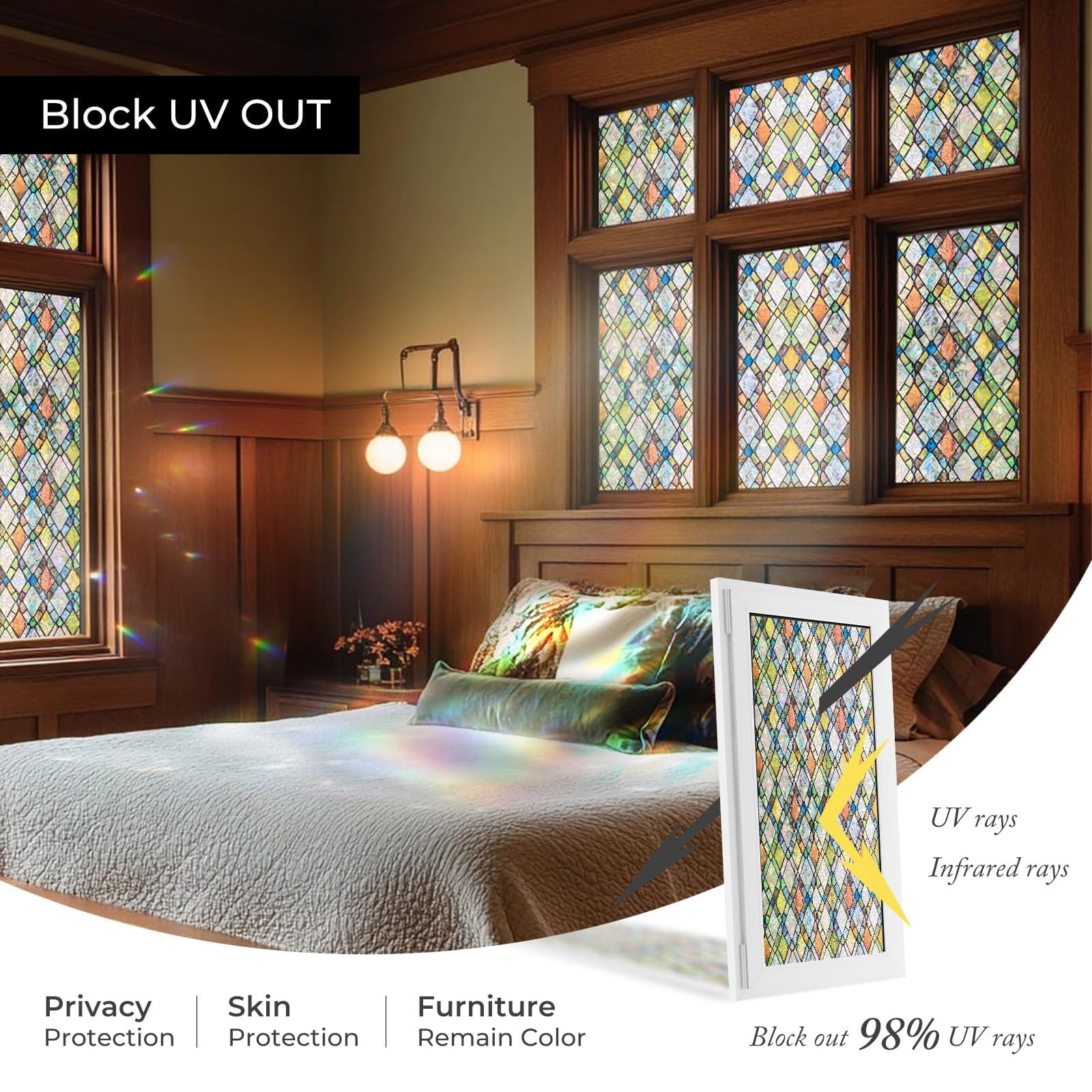 Window Privacy Film, Stained Glass Decorative Static Cling, Removable Laser S…
