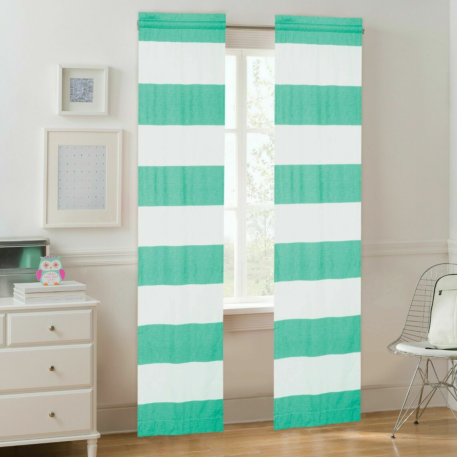 YOUR ZONE SET OF 2 CABANA STRIPE CURTAIN PANEL, MINT *MINOR DIRT