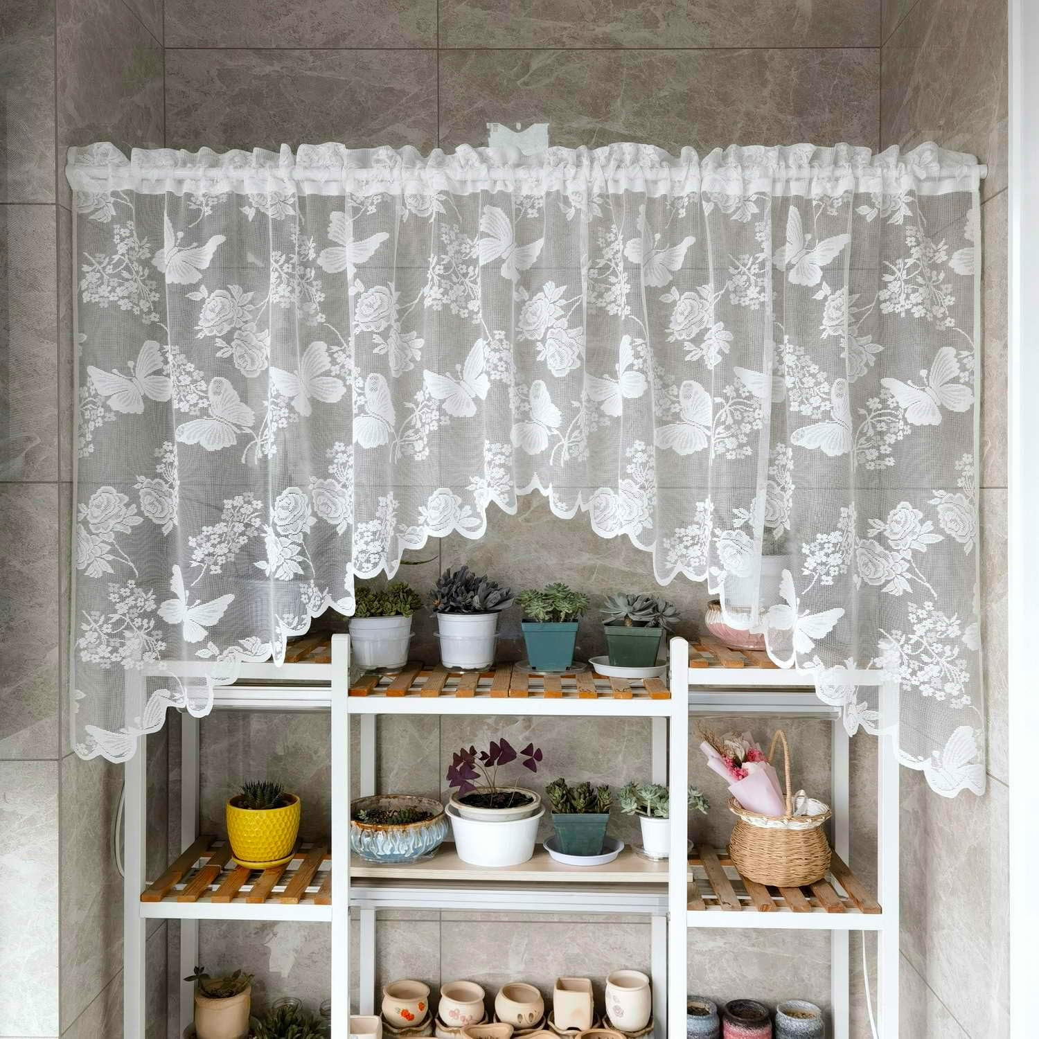 1 Panel White Butterfly Embroidered Arched Lace Sheer Curtain Valance | Floral a