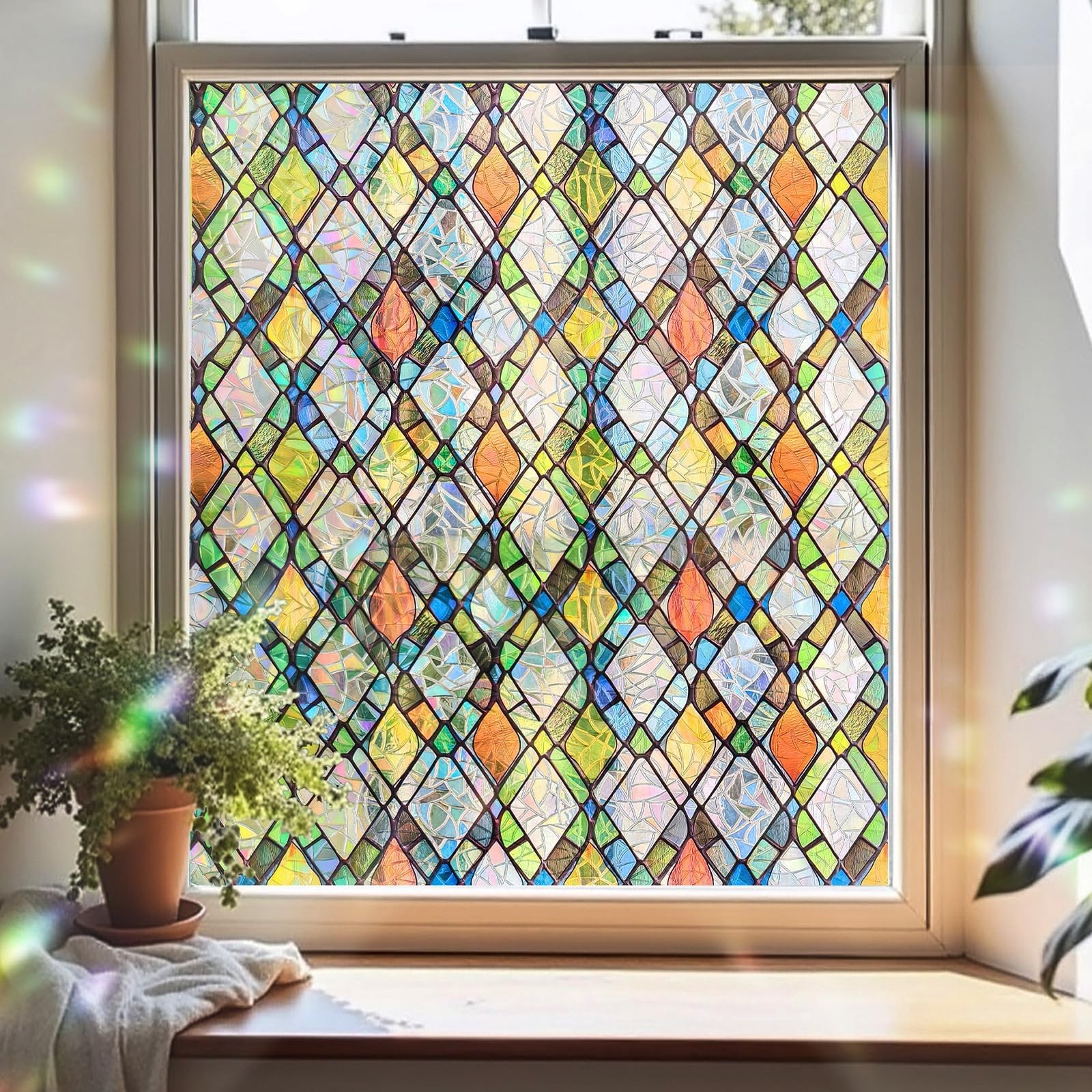 Window Privacy Film, Stained Glass Decorative Static Cling, Removable Laser S…