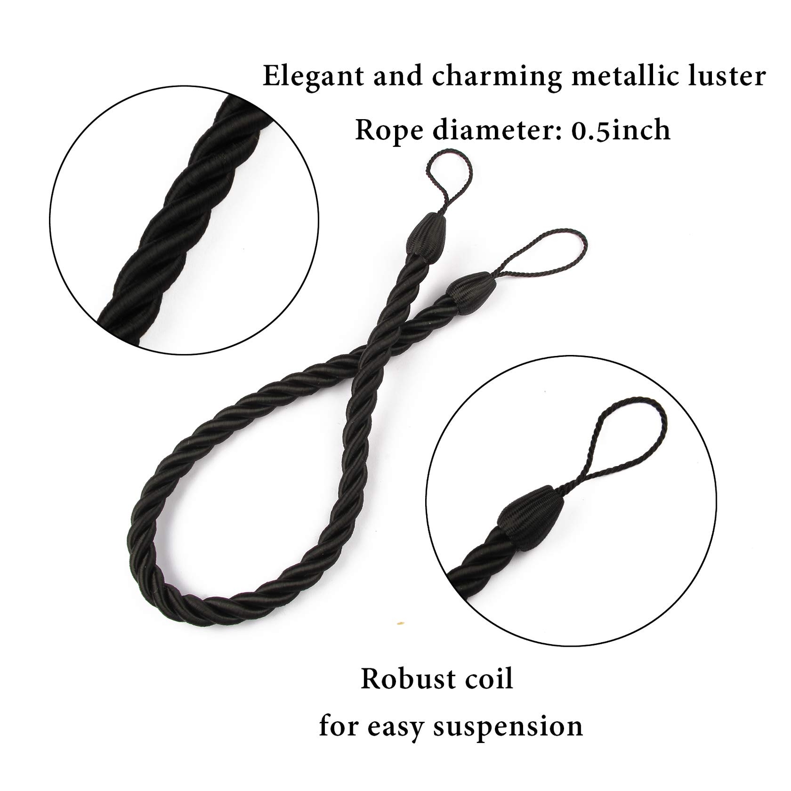 Curtain Tiebacks Ropes Tie-Backs, Handmade Curtain Holdbacks (Black, 2pack)