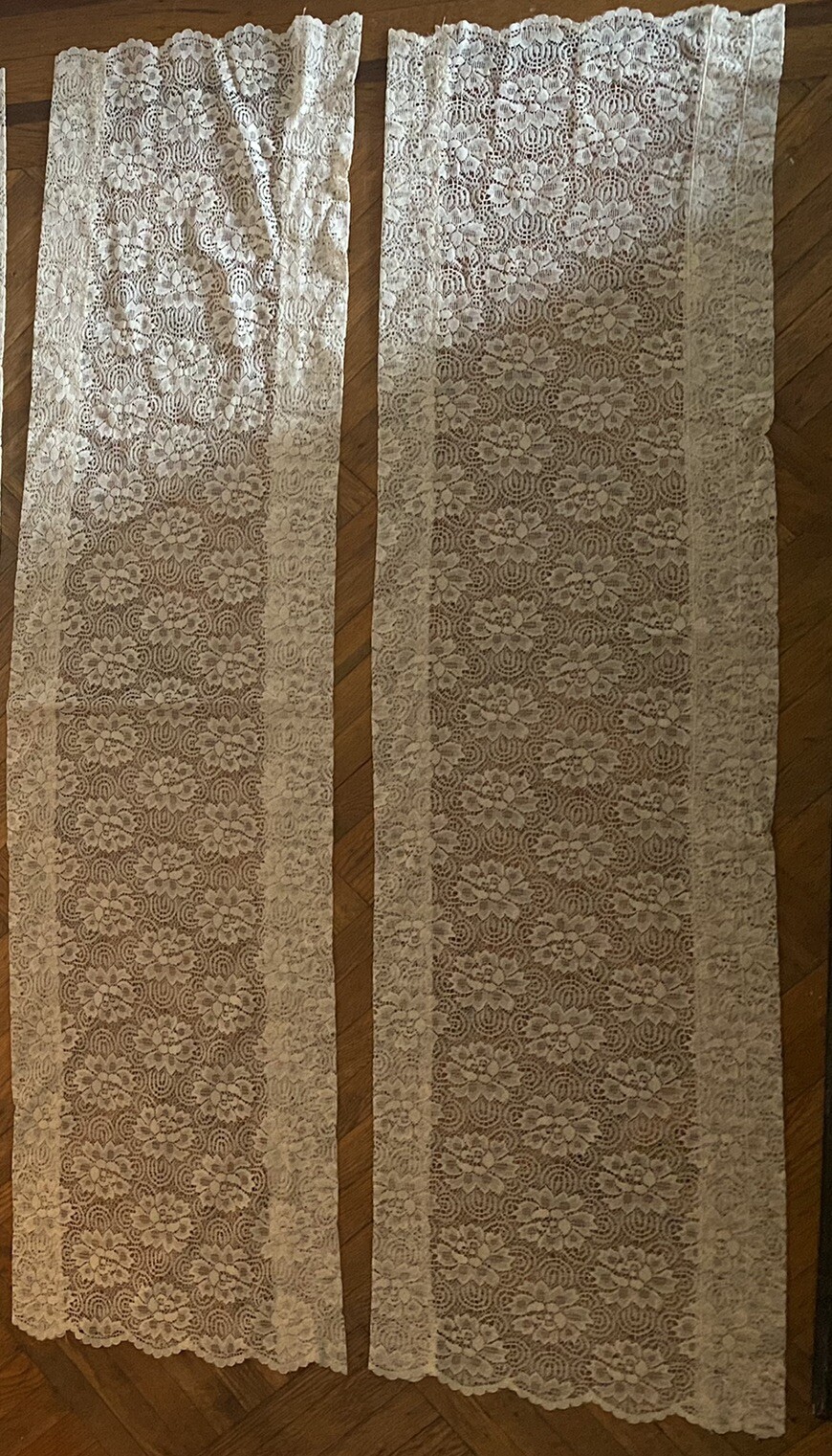 Vintage Pair Window Valances Lace Off White Floral 13.5” W X 68” L Valance