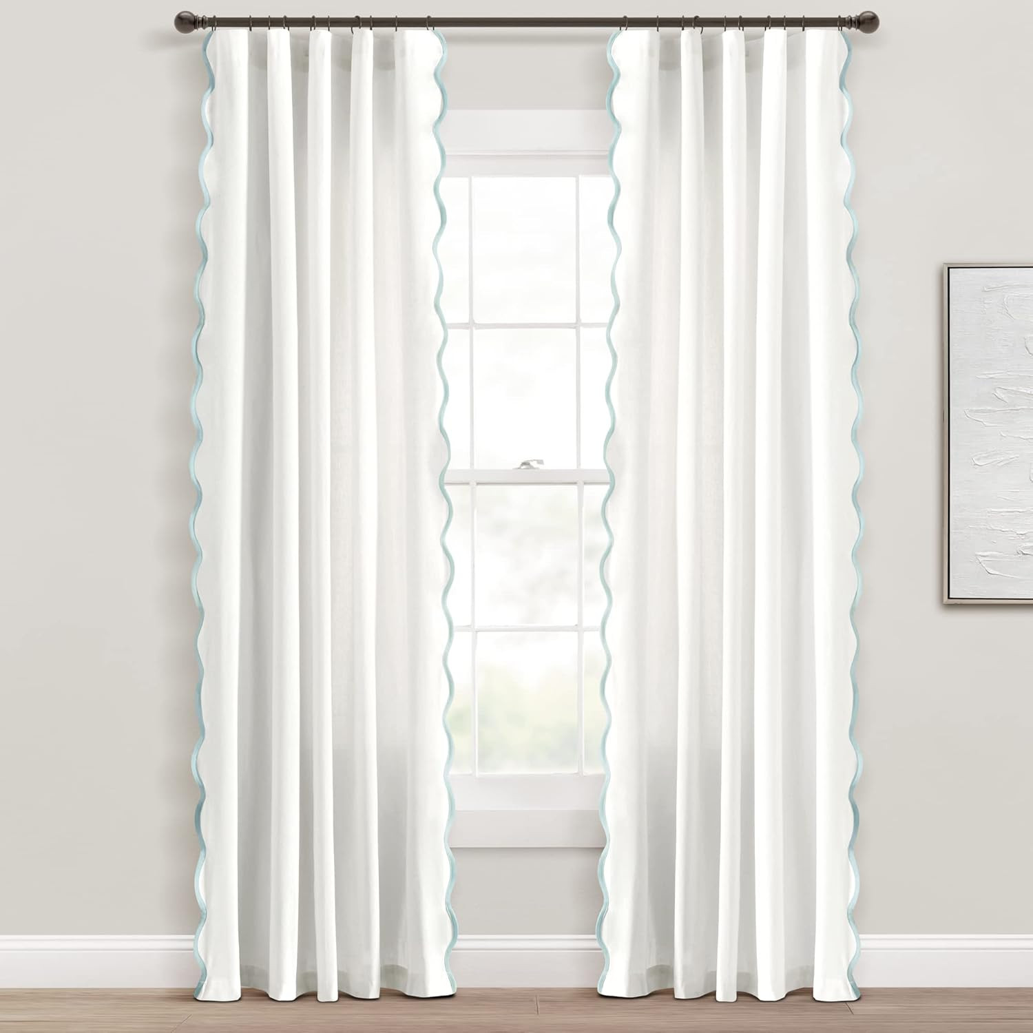 Coastal Chic Scalloped Window Curtain Panels 52″x95″ White & Blue Pair