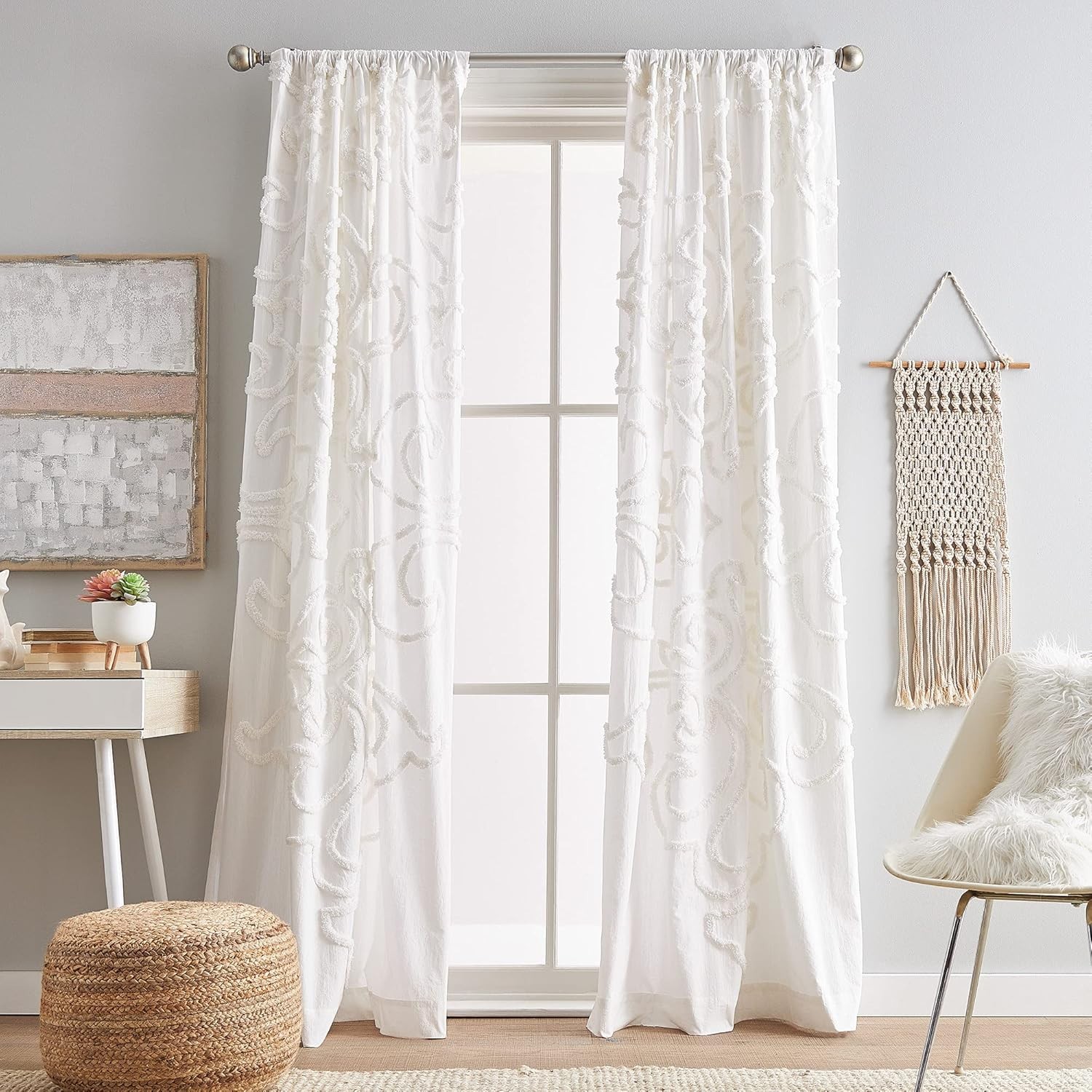 Boho Chic Winter White Curtain Panels, 108″, Chenille Cotton
