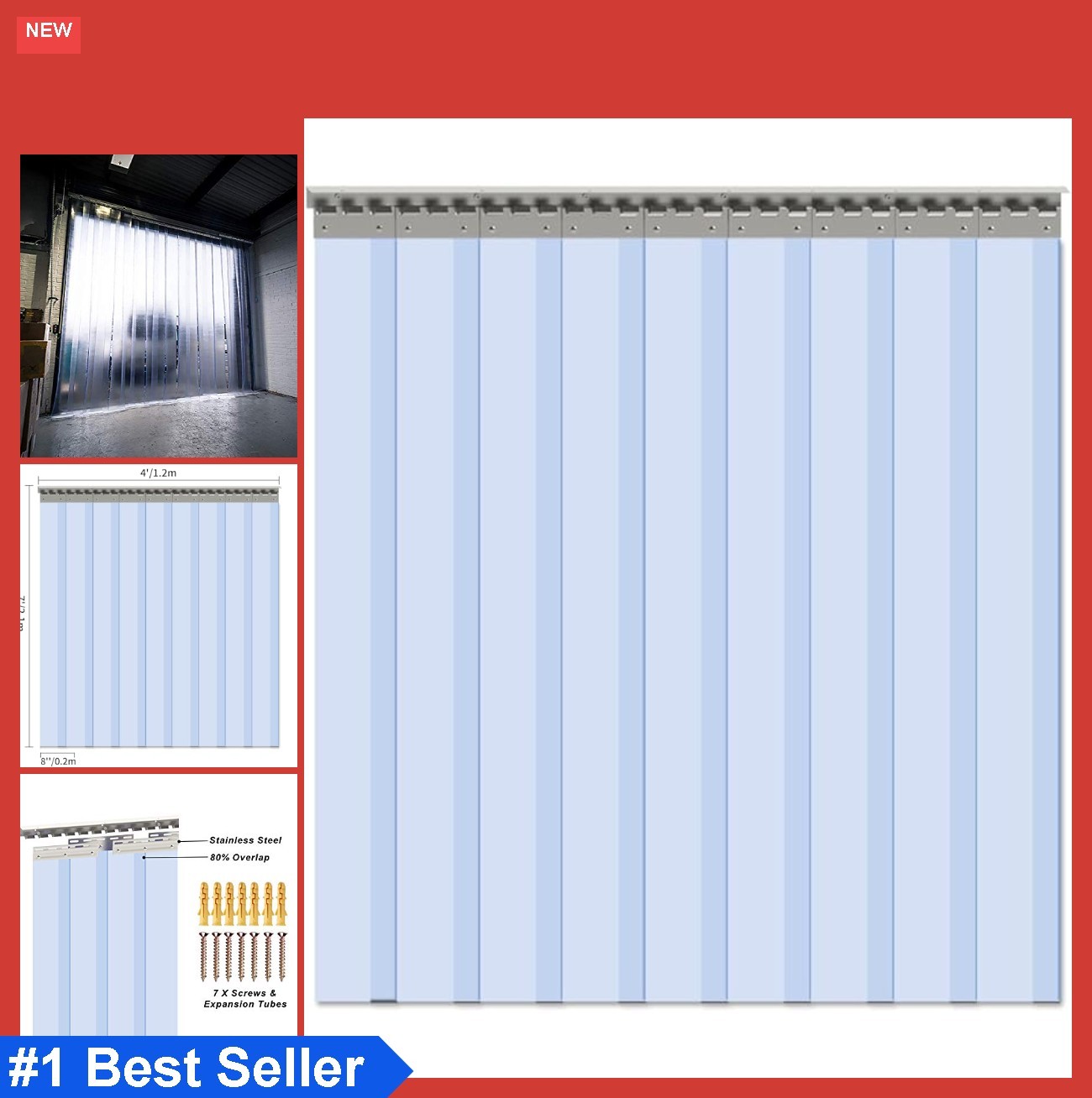 Strip Door Curtain 84×48 Inch Clear PVC 9 Panels 0.08 Thick With Hardware for