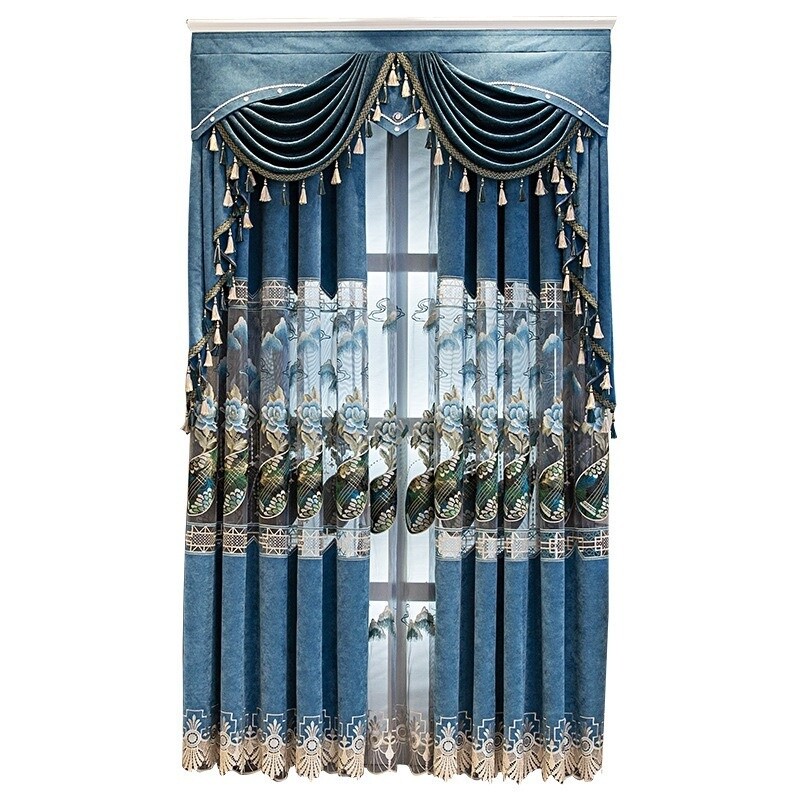 1 Panel Blackout Chenille Curtain Chinese Sealing Embroidery Sheer Tulle Home