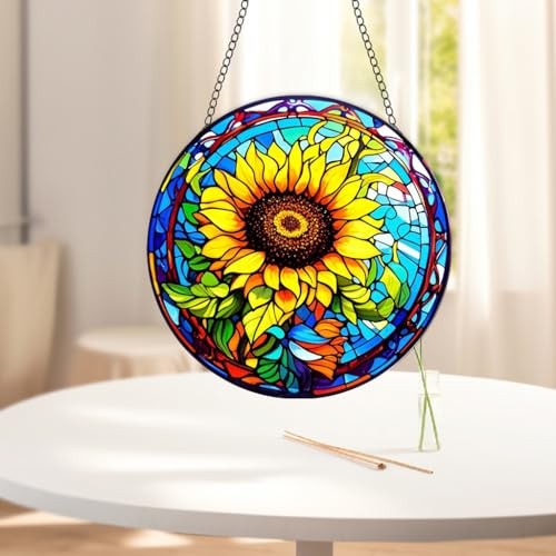 Sunflower Stained Glass Window Hanging, Round Yellow Floral Design for