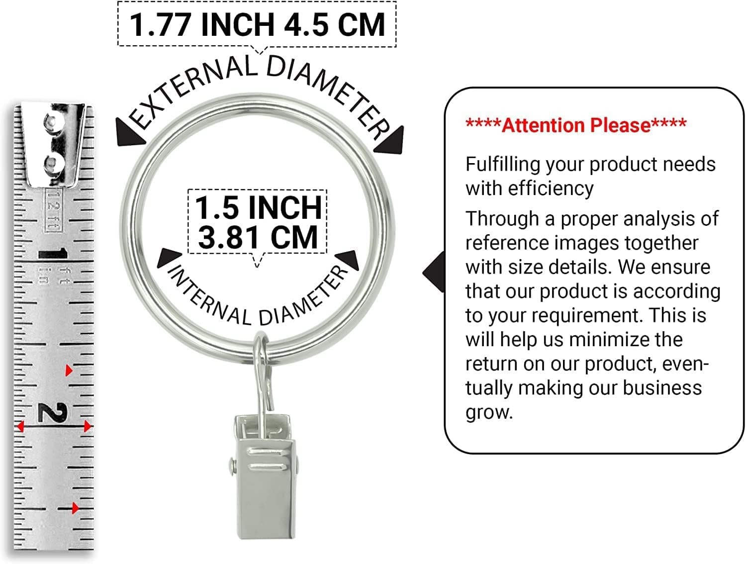 Silver Heavy Duty Curtain Rings With Clips Fits Rod Up To 1.25 In 40 PCS