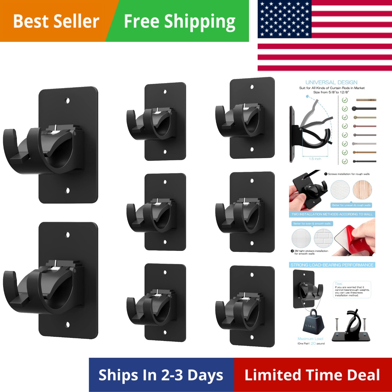 8 Pieces Self Adhesive Curtain Rod Bracket, Universal Plastic Curtain Rod Hol…