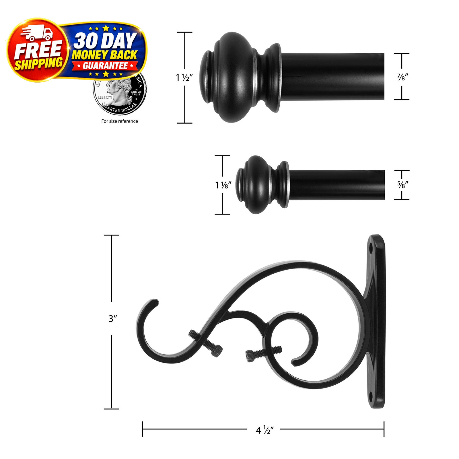 Urn Telescoping Double Drapery Rod 36-72 inches, Antique Silver