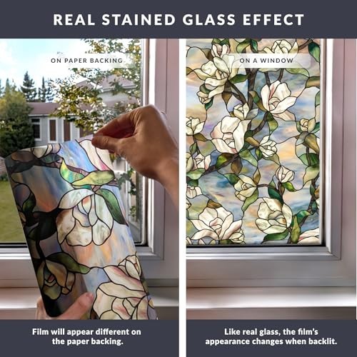 Vibrant Star Magnolia Privacy Window Film | Non-Adhesive UV Protection | 24×36