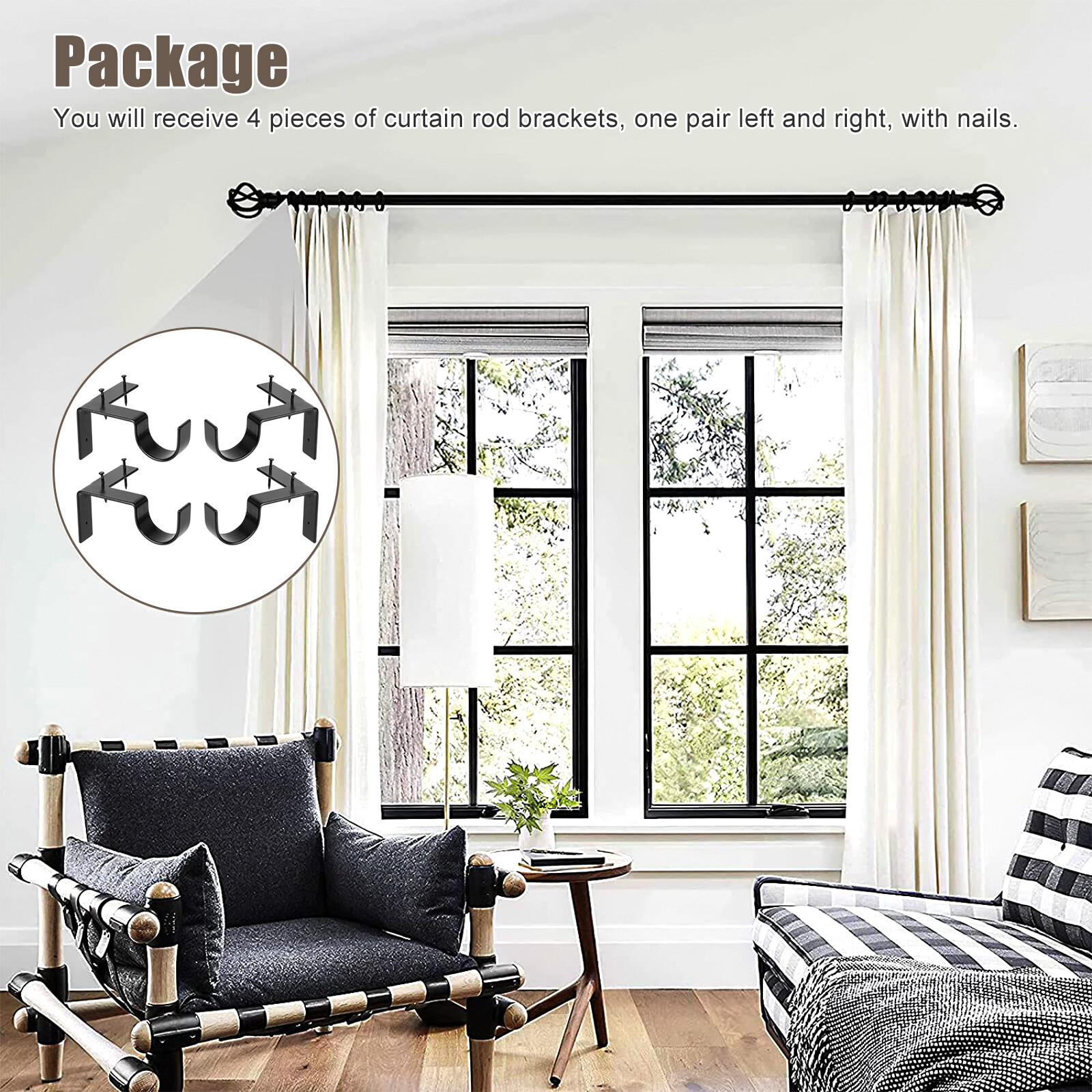 4PCS Bracket Hang Curtain Rod Holders Single Hook Right Into Window Frame Decor