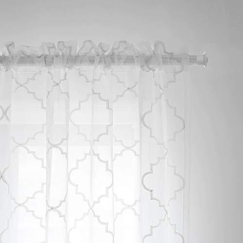 Embroidered Moroccan Tile Lattice Design Sheer Curtains 52″Wx45″L Trellis White