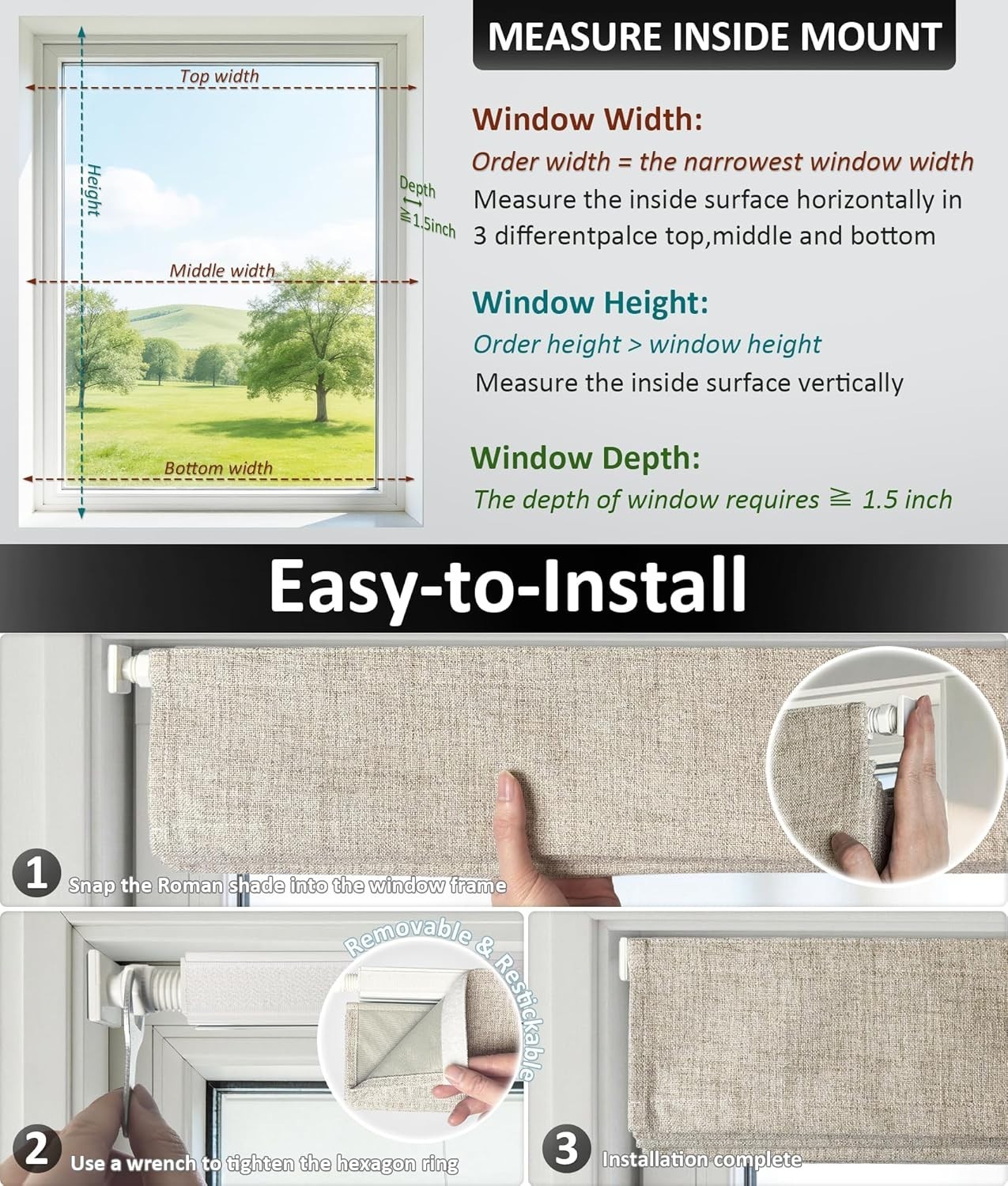 EINZUFUF No Drill Roman Shades, Blackout 39″ W x 64″ H, Beige inside mount only