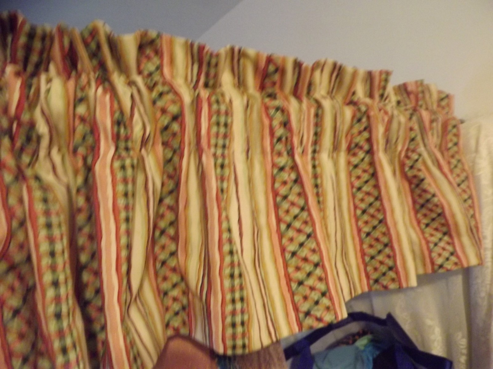VALANCE CUSTOM lined VALANCE coral orange and greens STRIPES 100″W 3 available