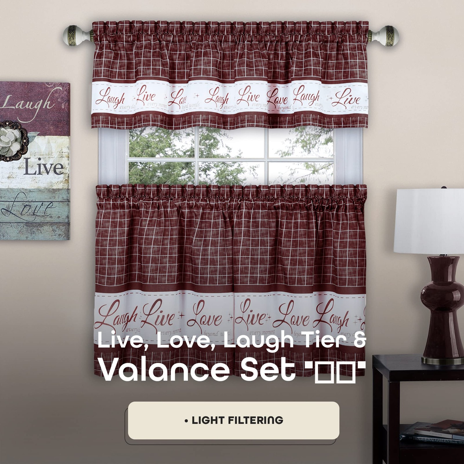 ACHIM Tier and Valance Window Curtain Set – 24″W x 58″L (Pack of 1), Burgundy