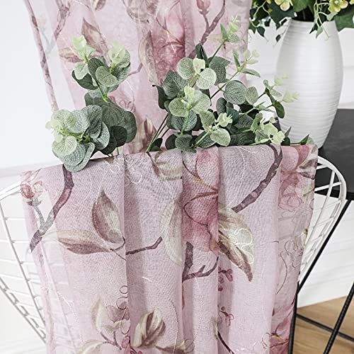 Sheer Tier Curtains Flower Leaf Printed Floral 30″W x 36″L (Pack of 2) Pink