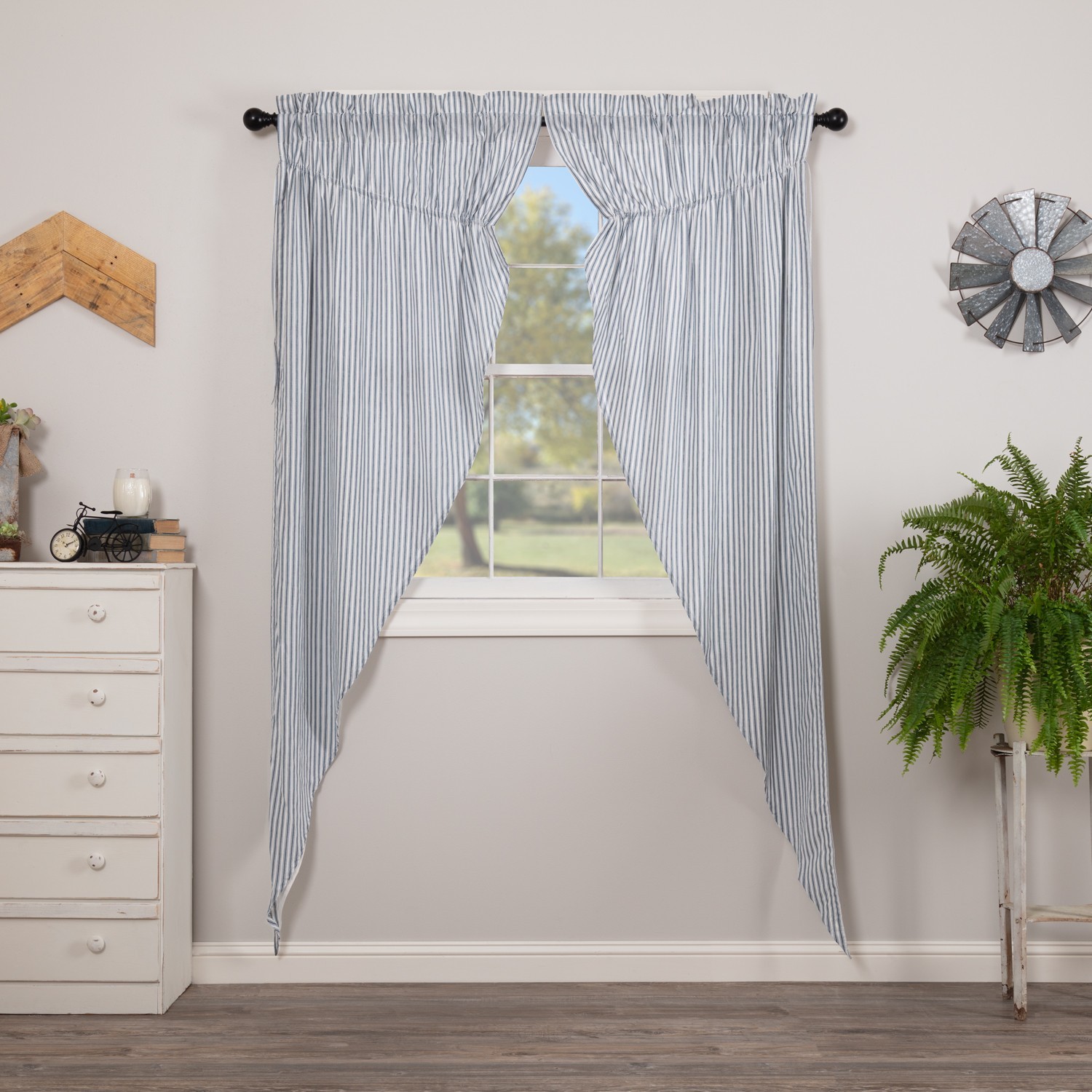 Sawyer Mill Blue White Stripe Lined Country Gathered Long Prairie Curtains