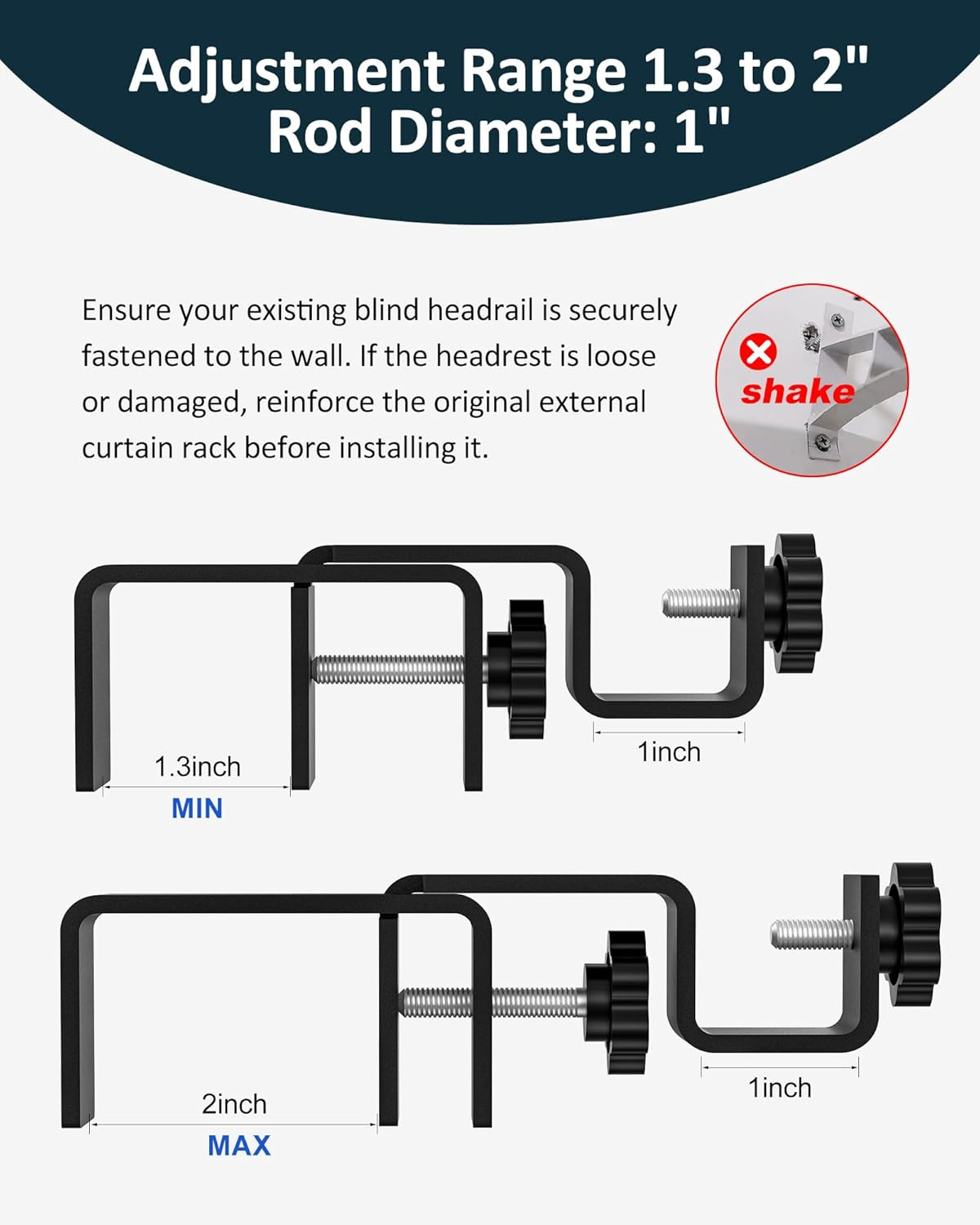 Outside Mounted Blinds Curtain Rod Bracket, 1.3-2″ Adjustable, No Drilling Cu…
