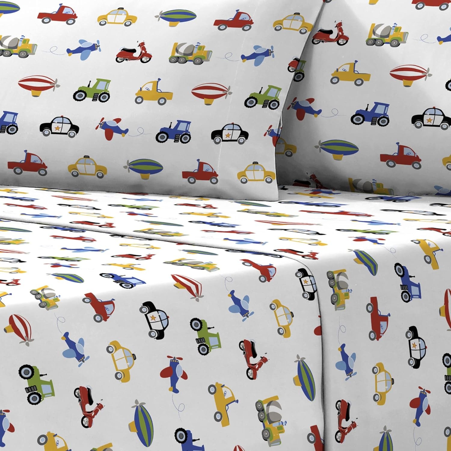 Dream Factory Kids Sheet Set Lightweight Full, Blue Trucks Tractors Cars