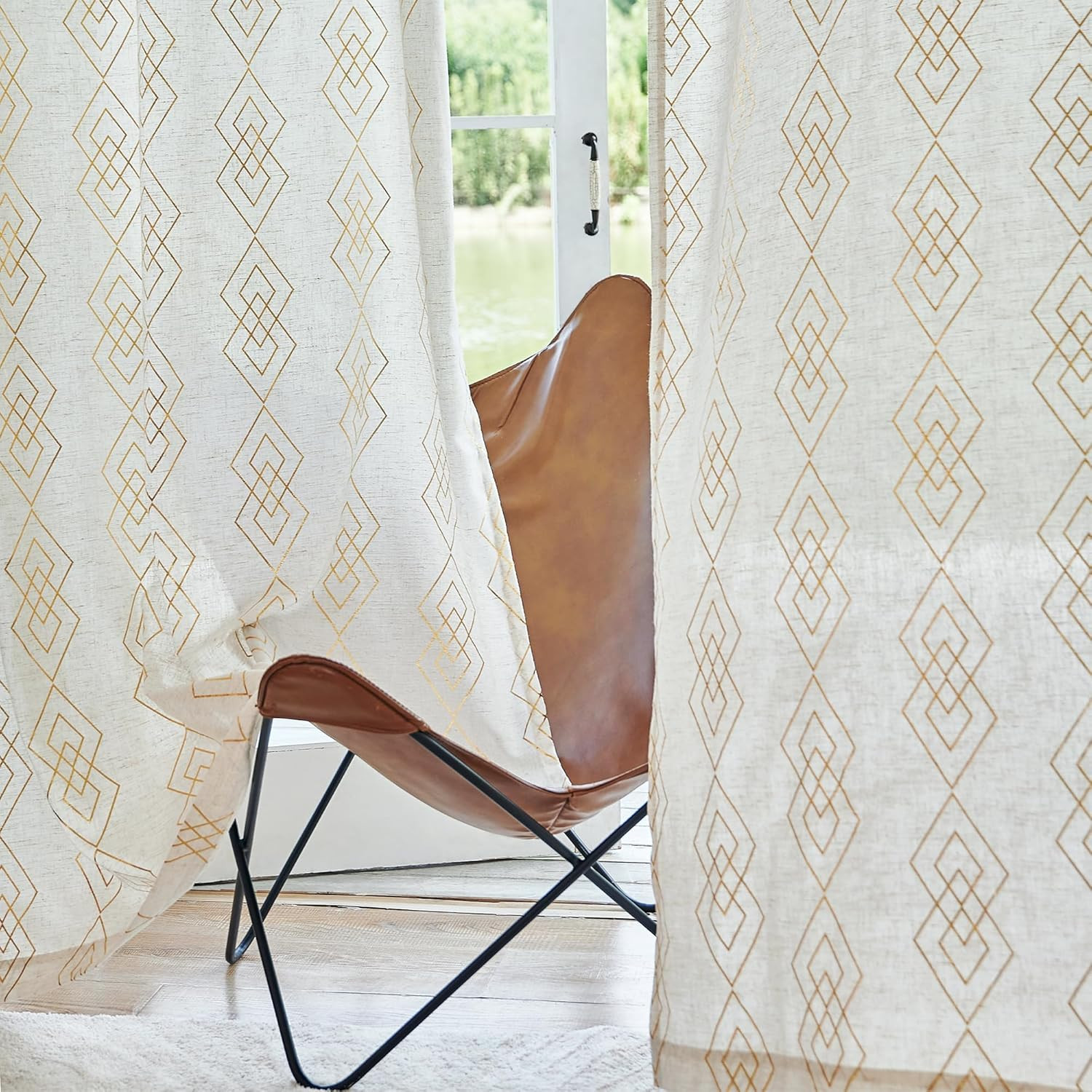 Linen Boho Curtains for Bedroom,63 Inch Length Curtains Gold Foil Metallic Strip