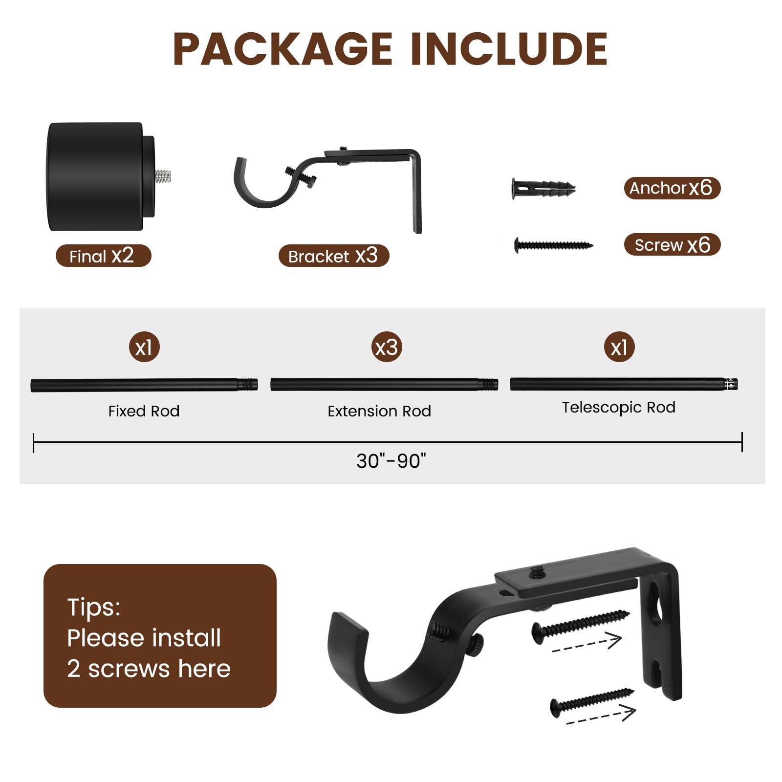 1” Diameter Matte Black Curtain Rods Itself is 30 to 90 inch, 1 Pack Fit 30-8…