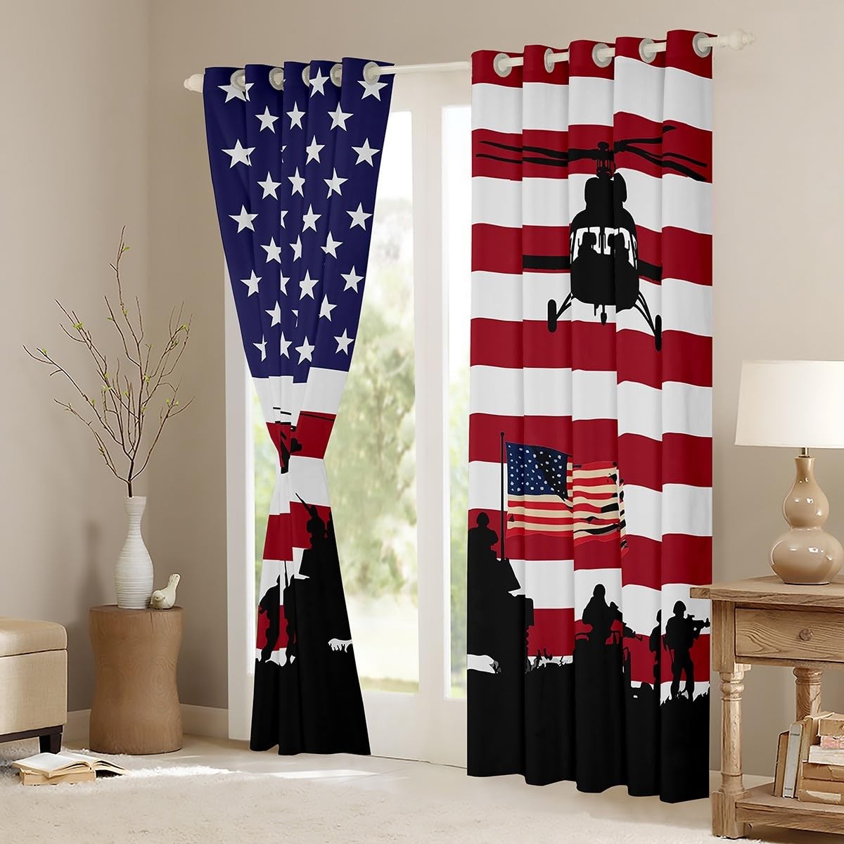 American Flag Curtain Boys Men Soldier Helicopter Tank Window Drapes Red Blue…