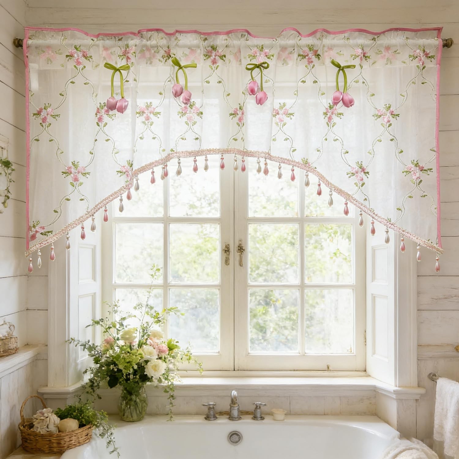 Romantic Floral Sheer Curtain Valance with Beaded Vintage Pink Tulip Embroide…