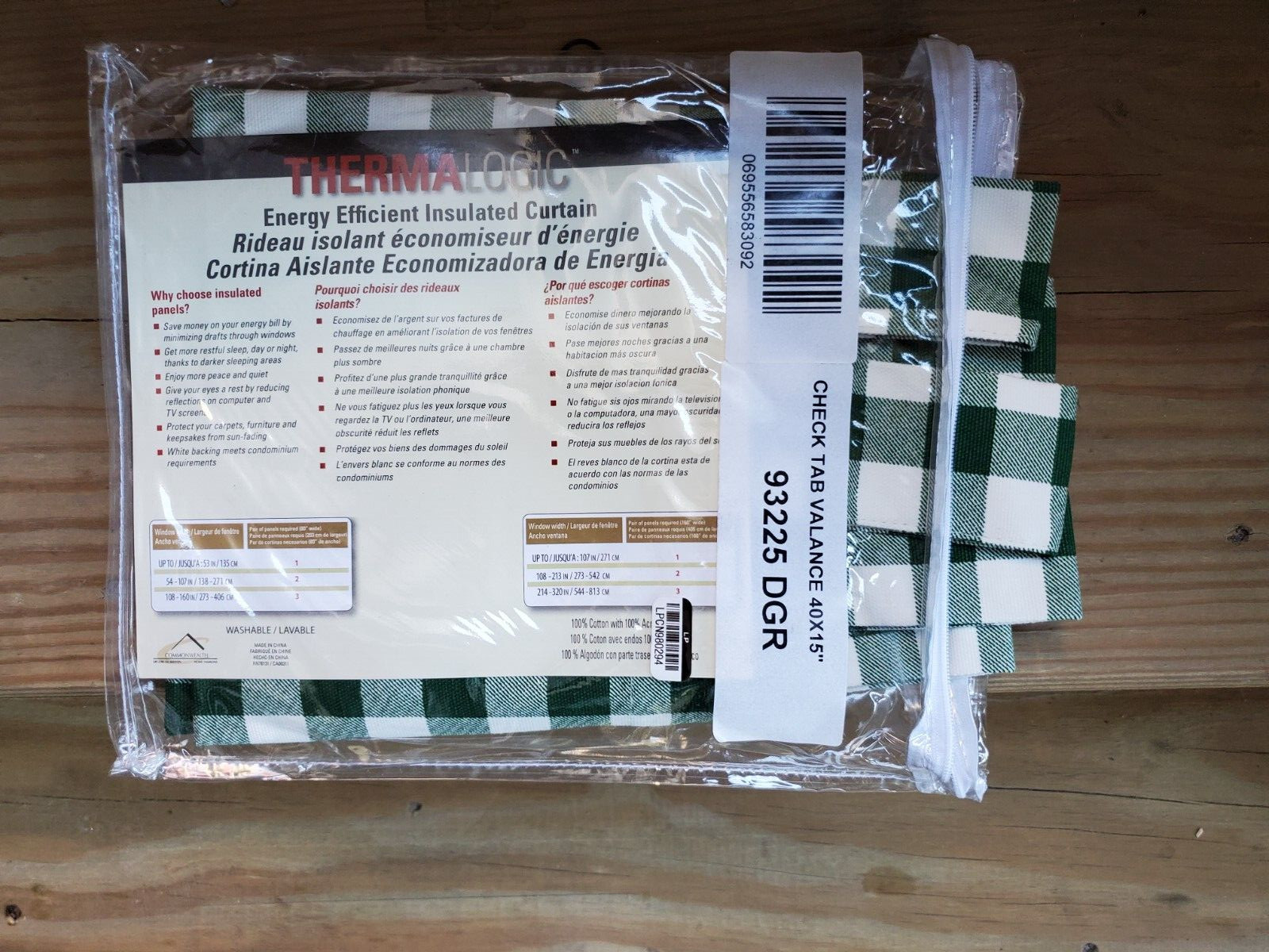 Thermalogic Check Tab-Top Valance Curtain, 40″W x 15″L – Green Plaid