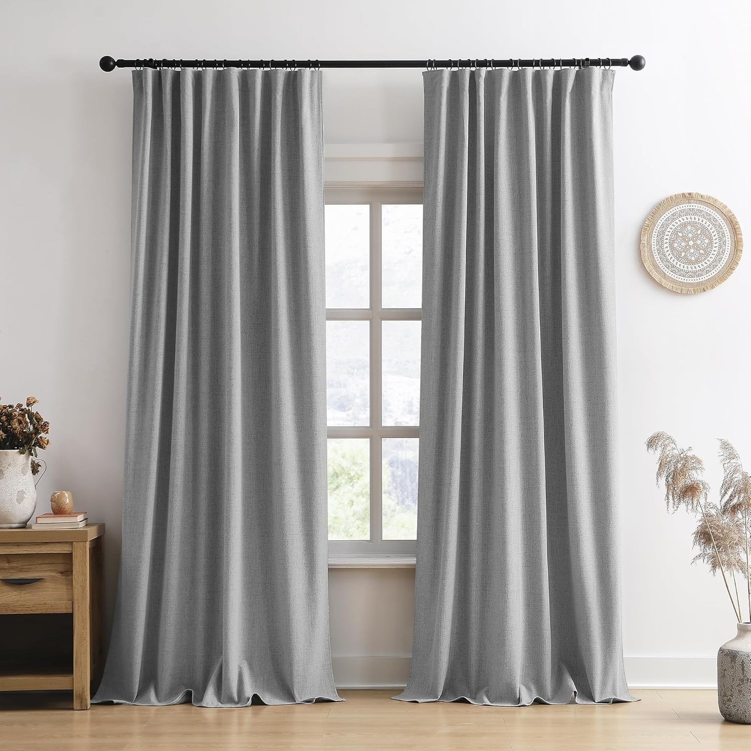 144″ Long Blackout Curtains – Grey Back Tab Drapes, Noise Reducing 2 Panels