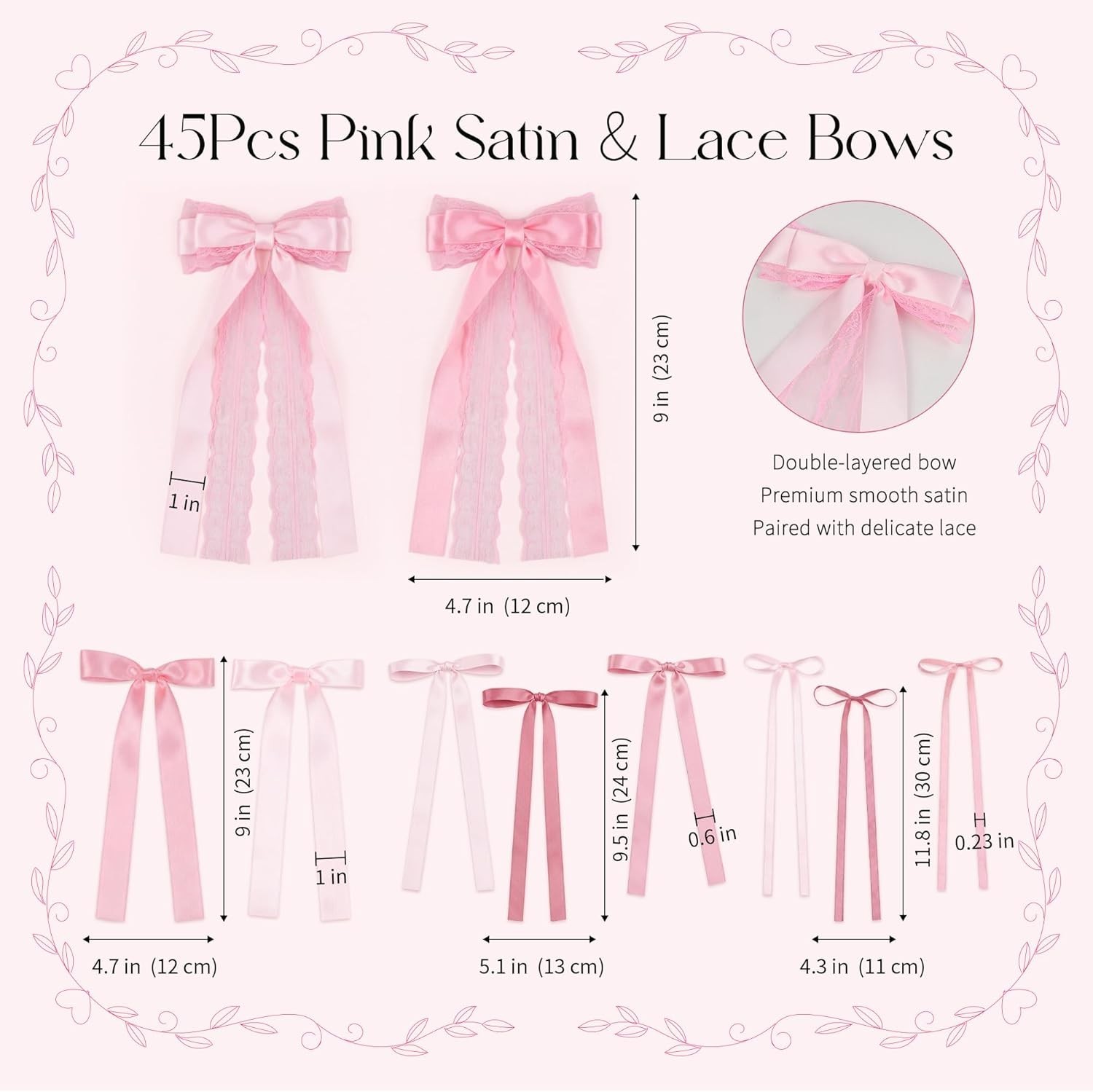 45Pcs Pink Lace Bow Wall Decor, 4 Styles Satin Bows Garland, DIY Bow Photo Ba…