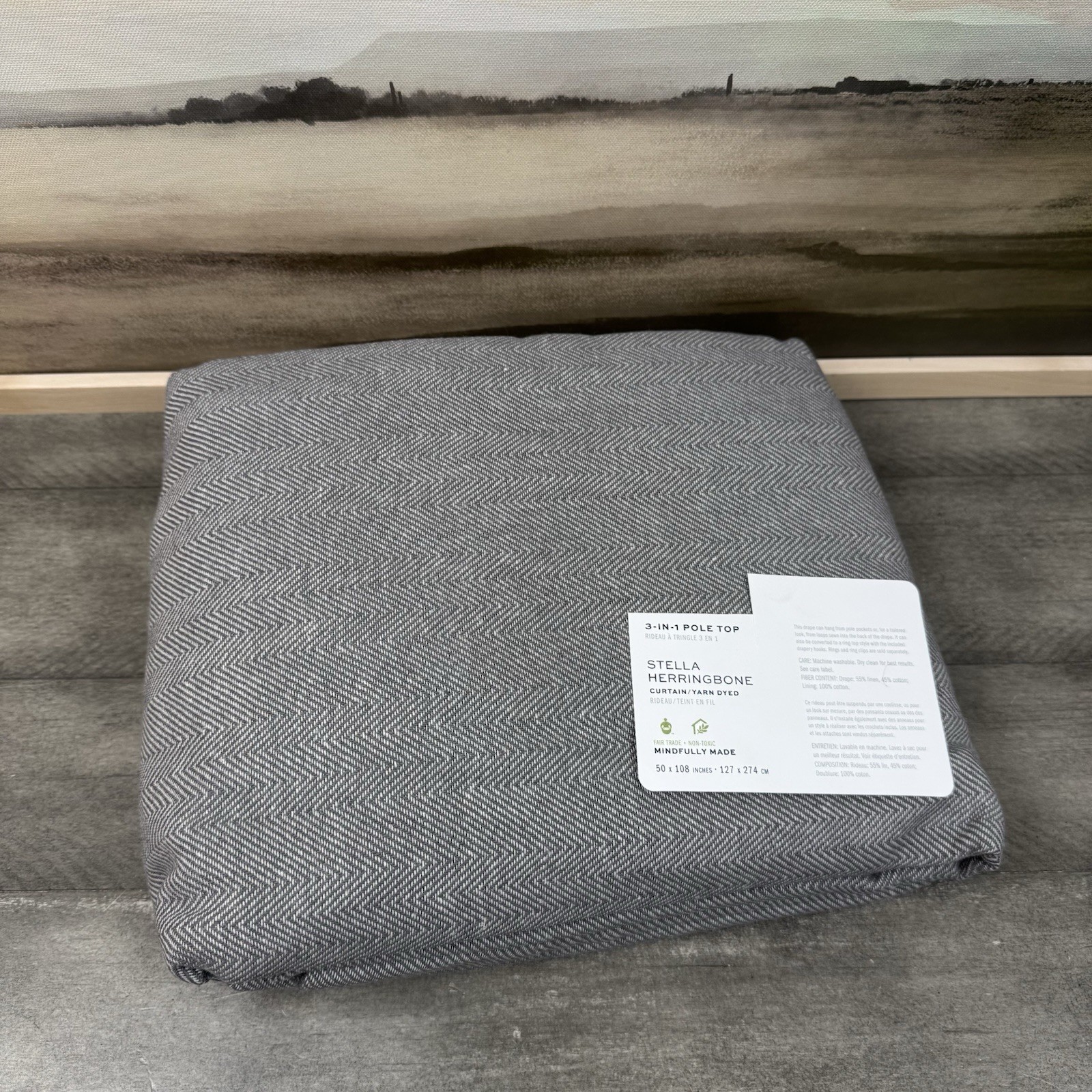 Pottery Barn Stella Herringbone Drape Curtain 50”x108” Gray Cotton Lined NWOT