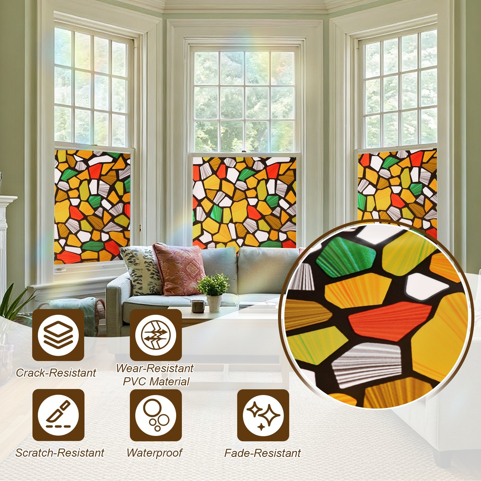 Colored Stone Pattern Stained Glass Window Privacy Film 78.7″x11.8″ Static Cling