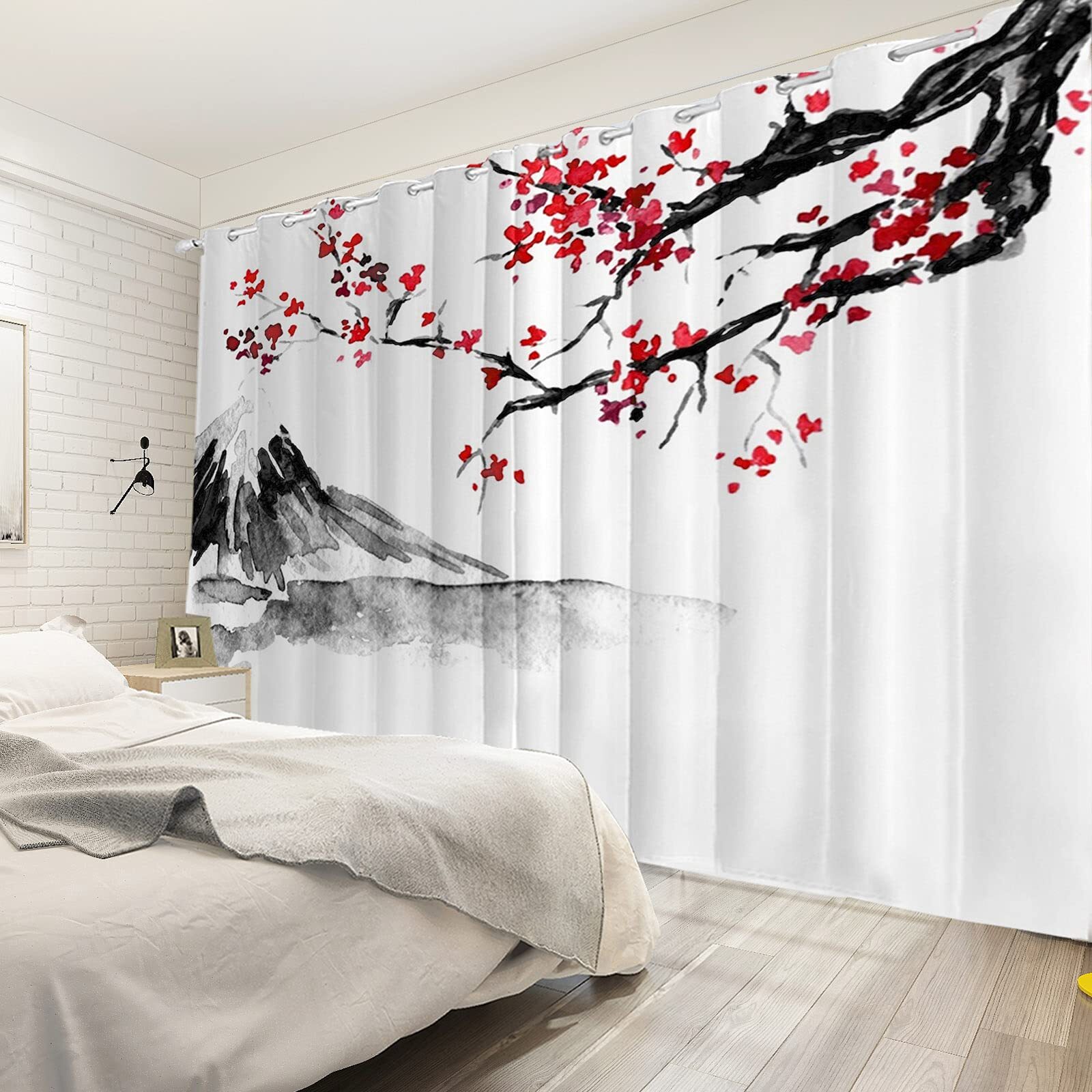 Red Plum Blossom Window Curtains Oriental Asian Chinese Traditional Ink Painting