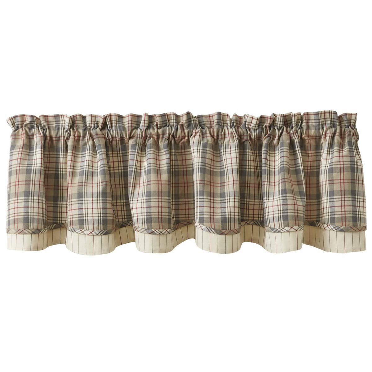 Gentry Plaid Layered Valance Taupe Gray Tan Red Cream Farmhouse Lined 72WX16L