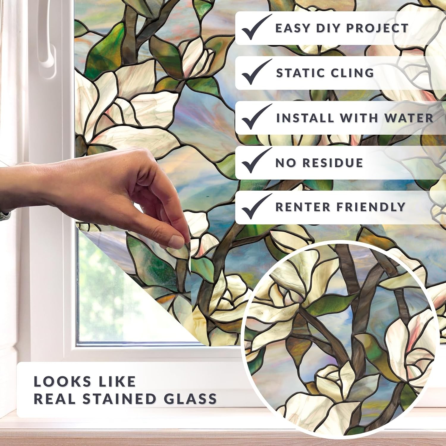 Star Magnolia Privacy Window Film W/ Vibrant Colored Pattern Non-Adhesive & UV