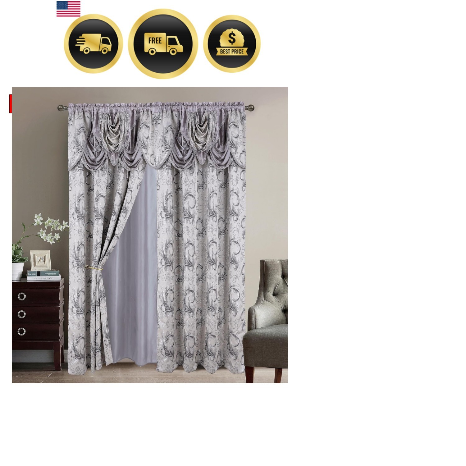Jacquard Luxury 2 Curtain Panel Set with Attached Valance and Backing Bedroom…