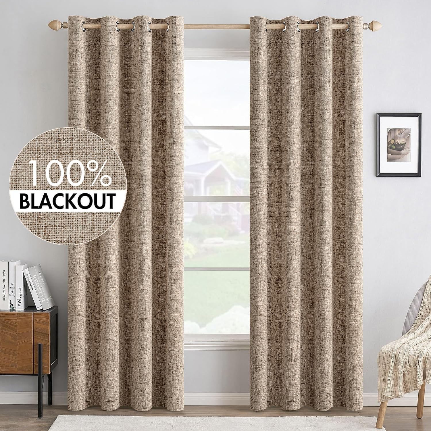MIULEE 100% Blackout Linen Textured Curtains for Bedroom Solid Thermal Insulated