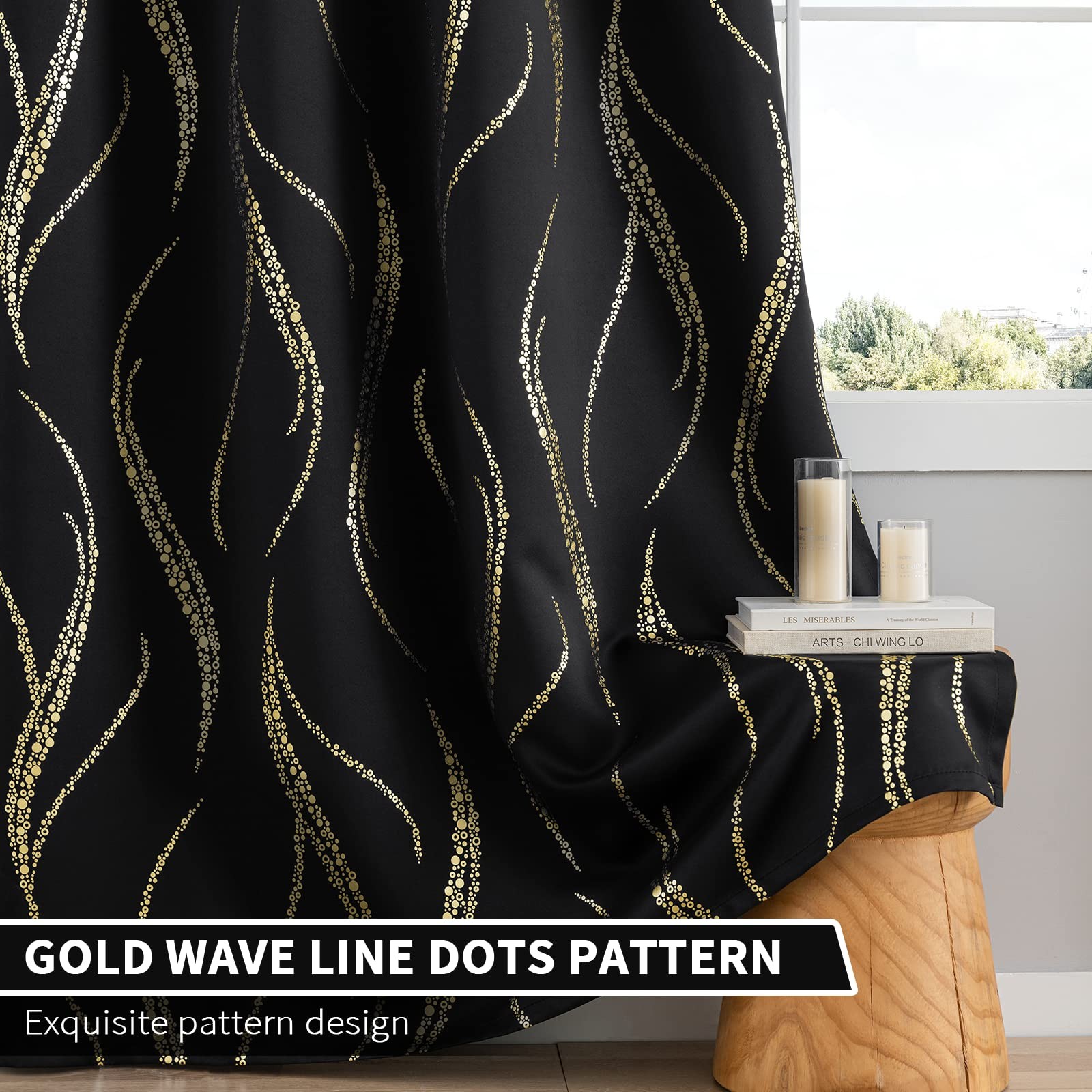 Blackout Curtains for Livingroom – Wave Line with Dots Gold Print Design Nois…