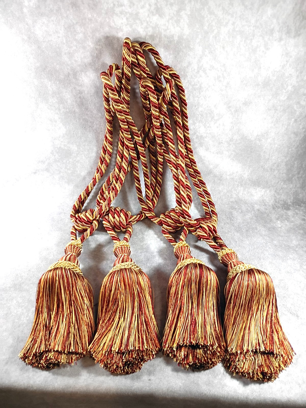 Set of 4 Large Ornate Rope and Tassel Tie Backs Gold and Burgandy 8″ Tassels
