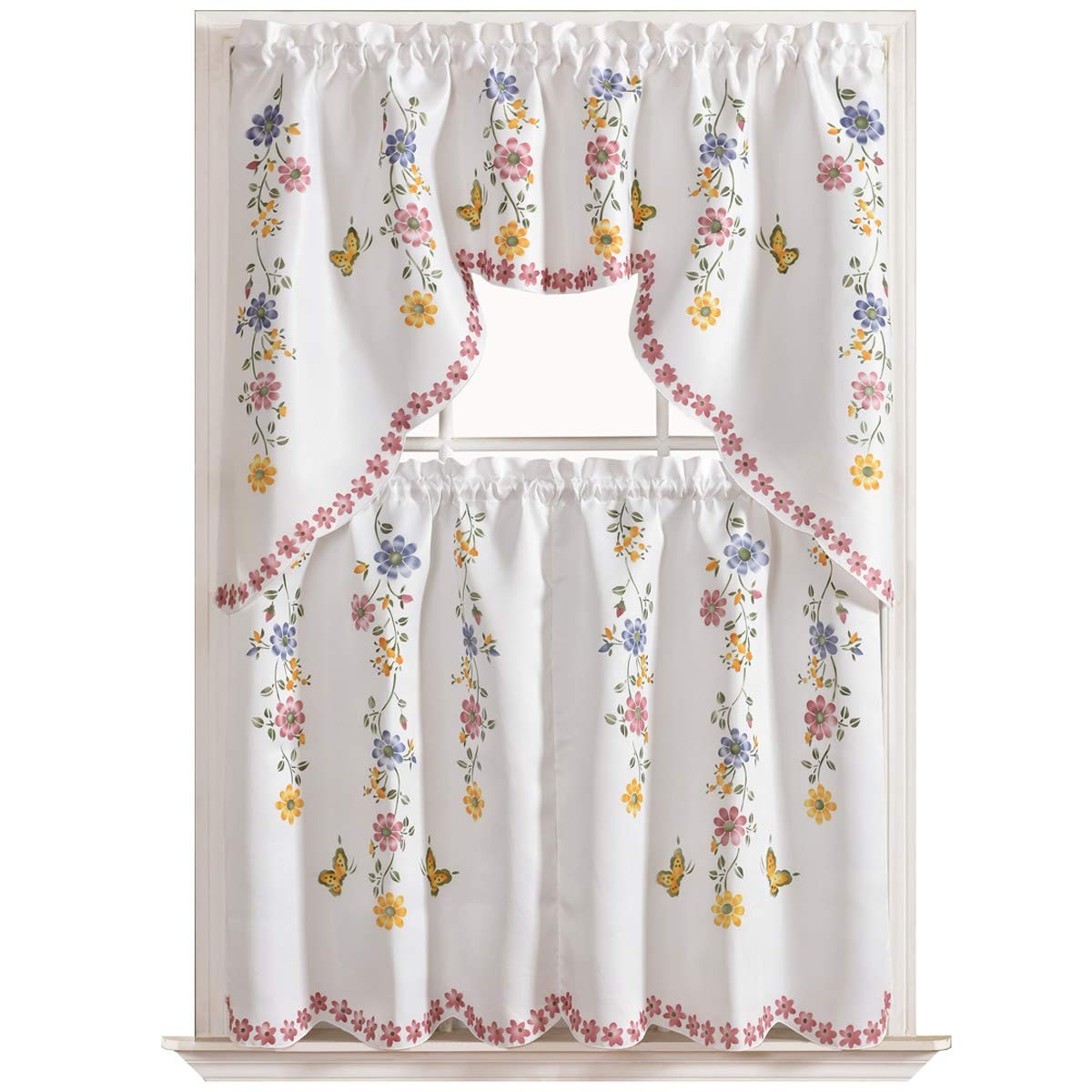 GOHD 3pcs Farmhouse Kitchen Cafe Curtain Set Air Brushed by Hand of Flowers a…