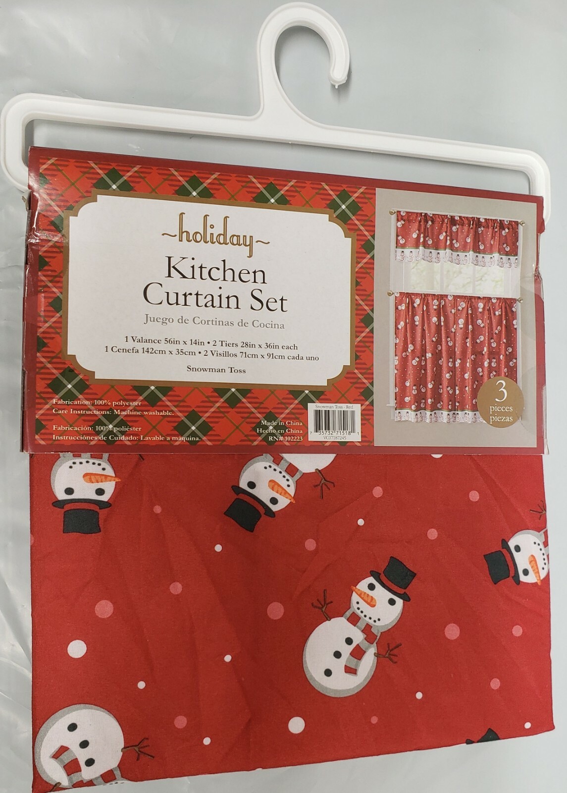 3pc Curtains Printed Set: 2 Tiers (28″)& Valance (56″x14″)SNOWMEN ON RED,Holiday