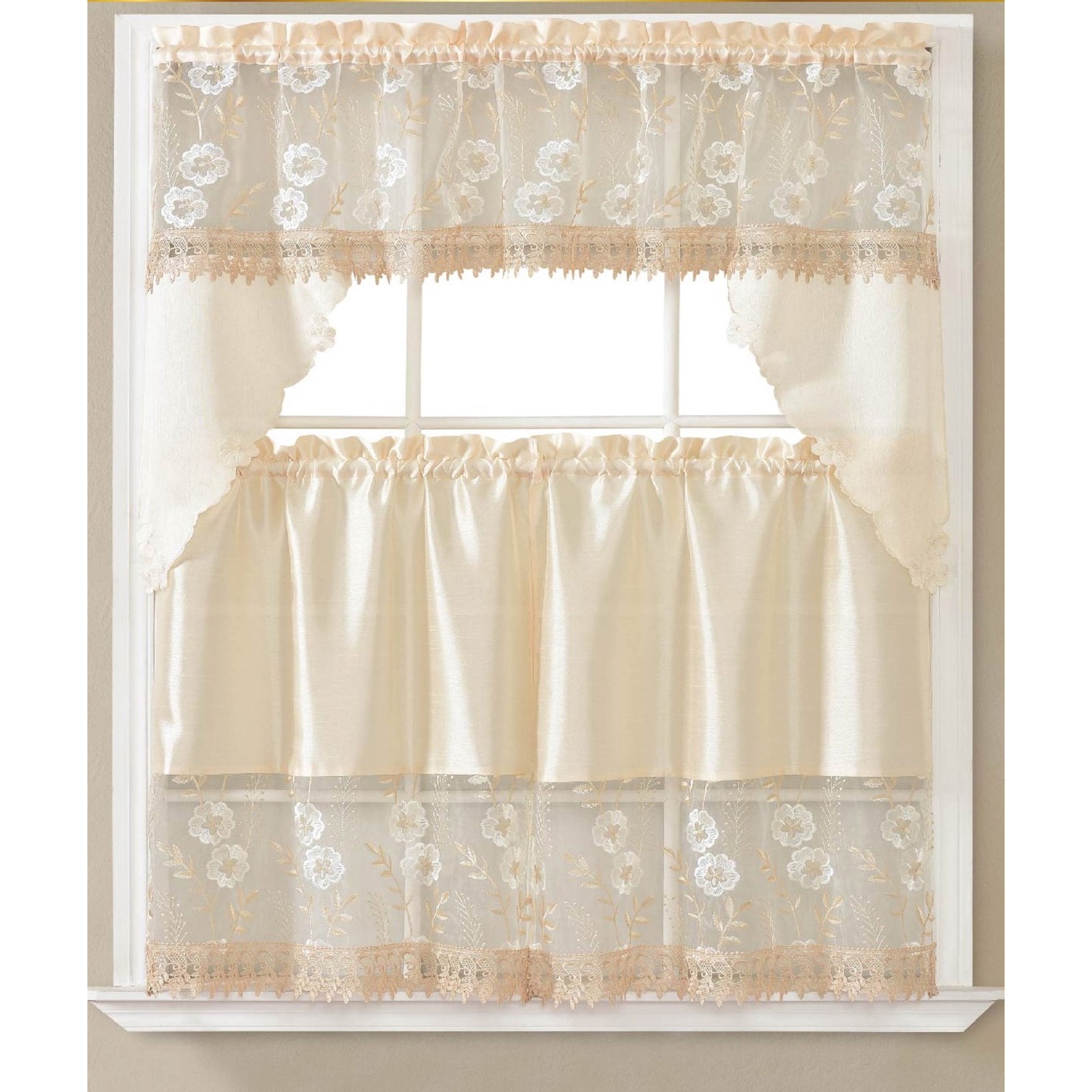 RAQUEL BEIGE EMBELLISHED LACE KITCHEN 36 INCH TIER CURTAINS AND SWAG SET