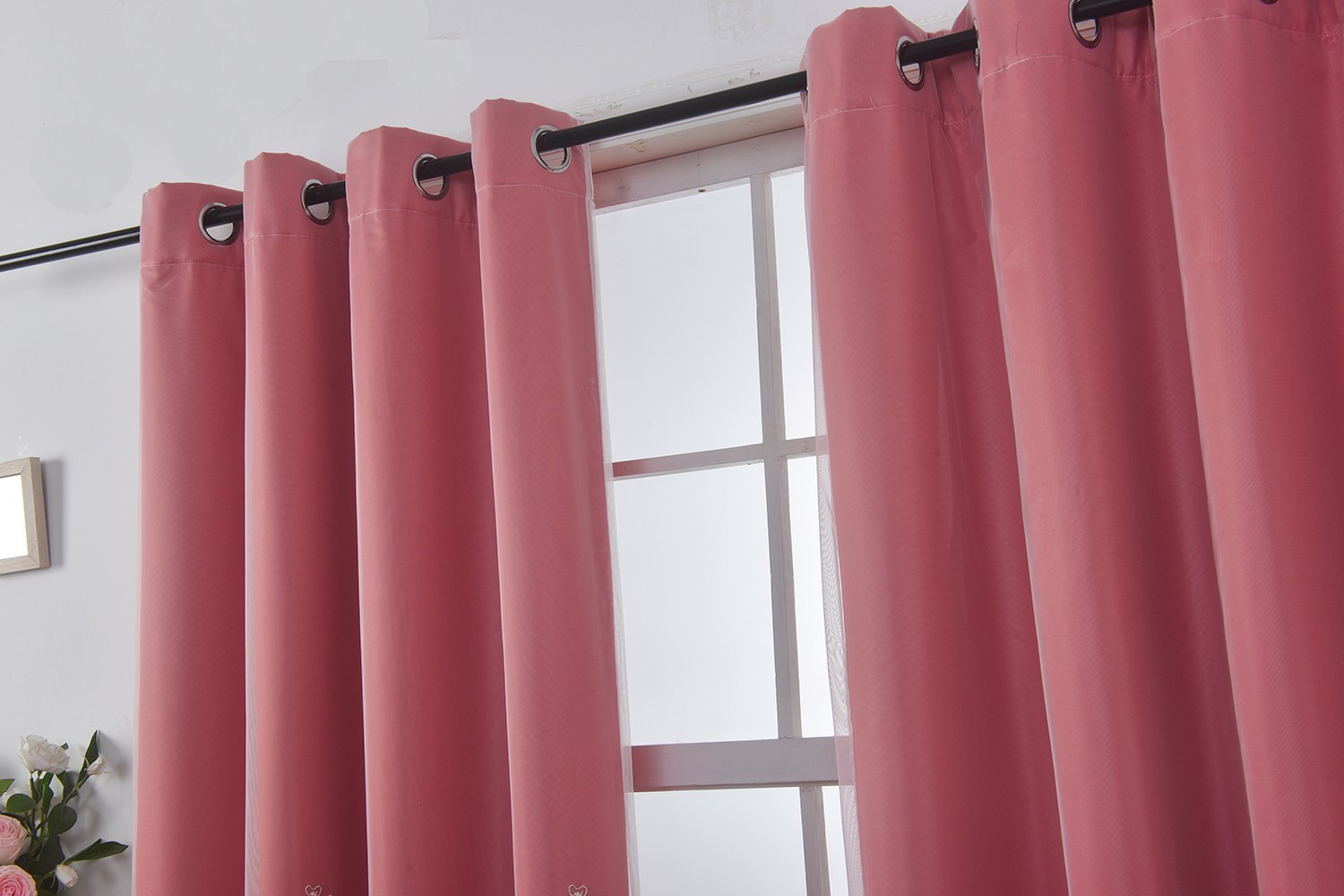 Red Double Layer Curtains 52x72inch, Embroidered Sheer Overlay Soild Curtains