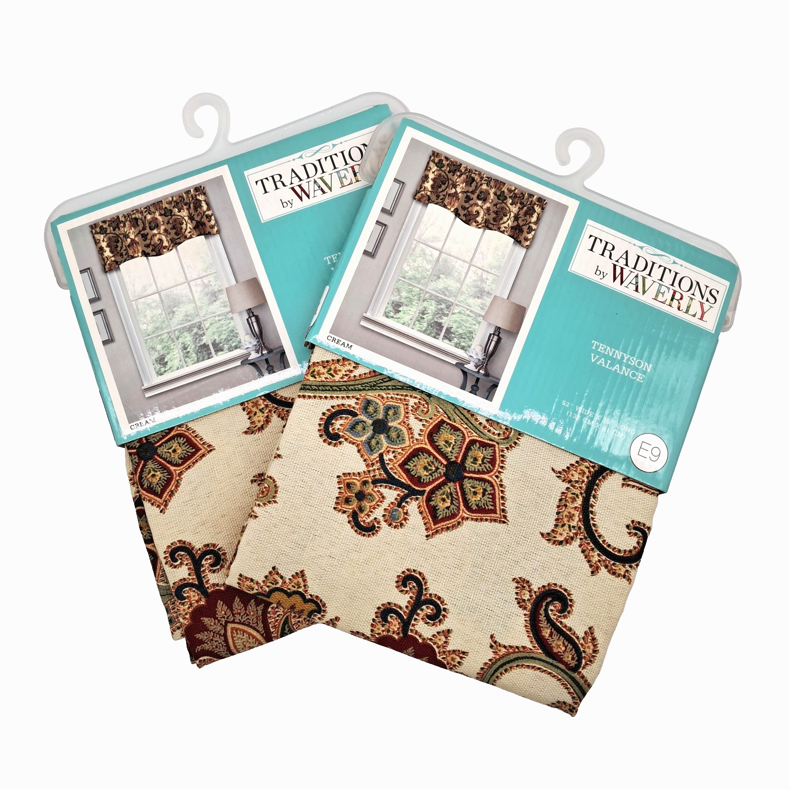 2 NEW Traditions by Waverly Tennyson Window Valances 52×16 Cream Scalloped Boho
