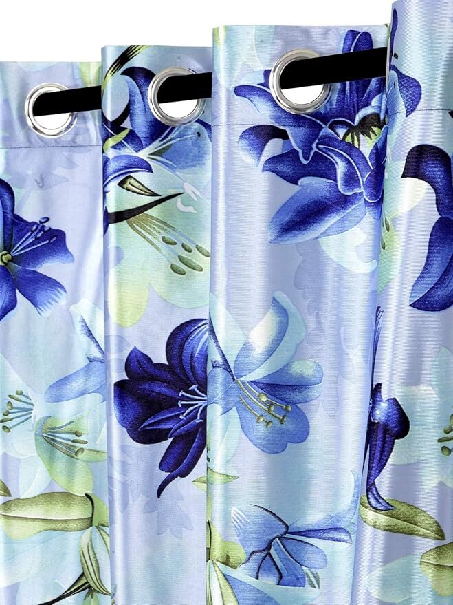 2 Pieces Blue 3D Flower Eyelet Polyester Window Curtains 5 7 9 Feet