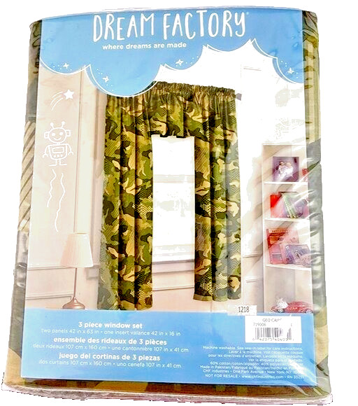 Dream Factory Geo Camo 3 Piece Window Panel Set Curtains NWT