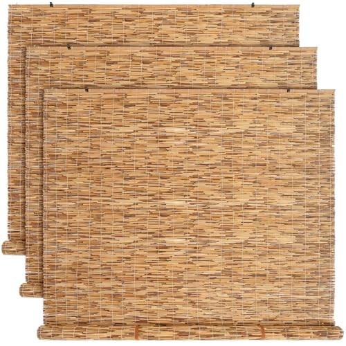 3 Pcs Bamboo Shades Outdoor Reed Roll Up Blinds 72″ W x 72″ H Blackout Sunshade