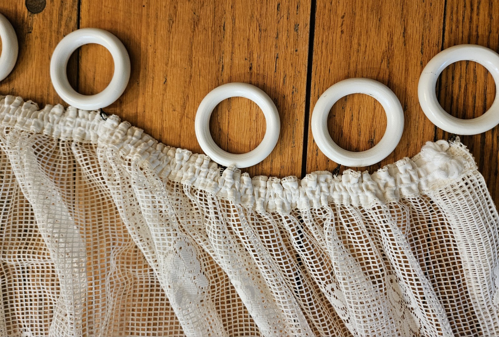 Vtg Off White Sheer Floral Lace Pattern (3) Curtain Panels 46″W*x56″L with Rings