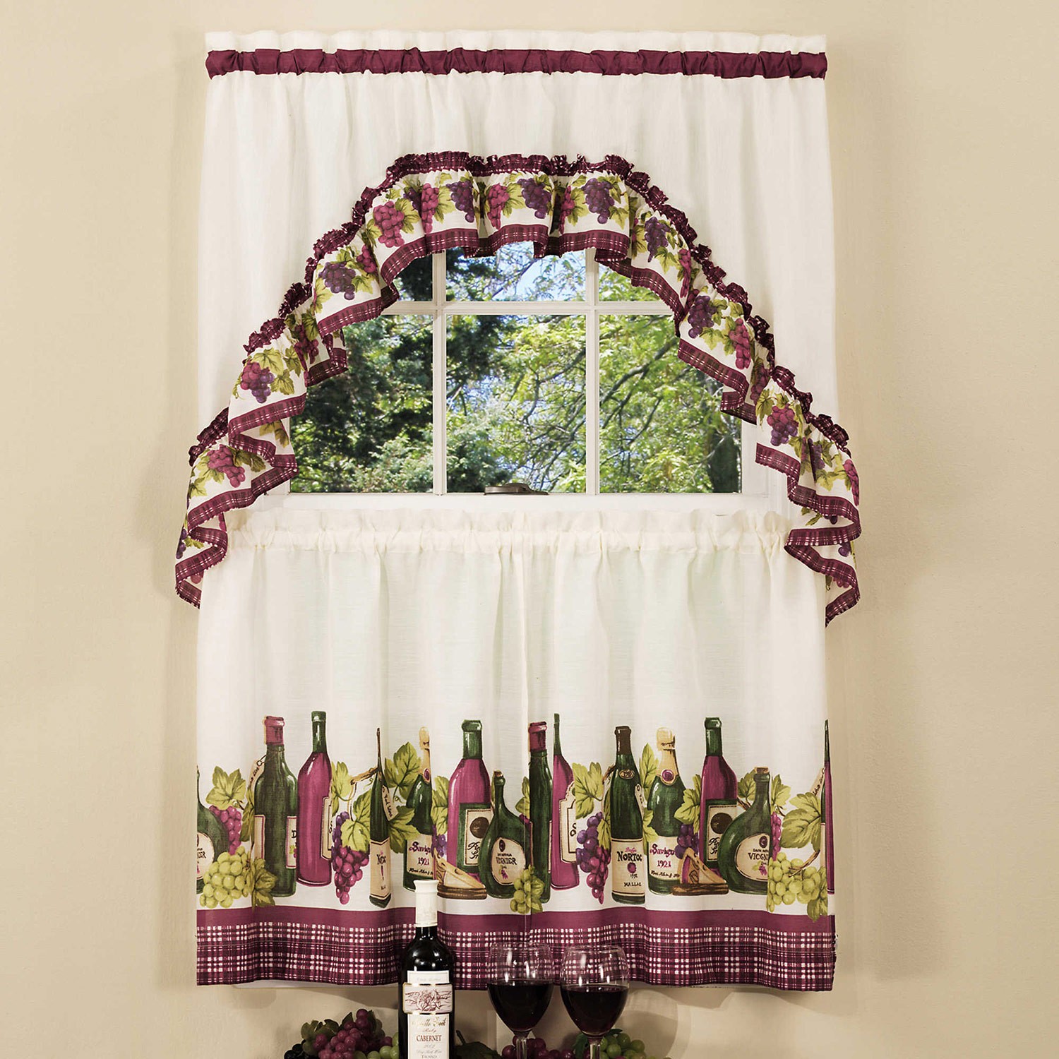 Chardonnay Bottle Printed Kitchen Curtain, 57×36 & 57×30 Inches